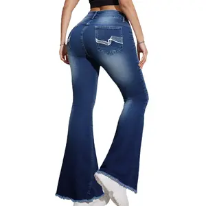 Womens High Rise Flare Jeans, Irregular Pattern Embroidery Back Pockets Bell Bottoms Jeans, Plus Size Outfits, Womenswear 90s Outfits High Waisted Pants