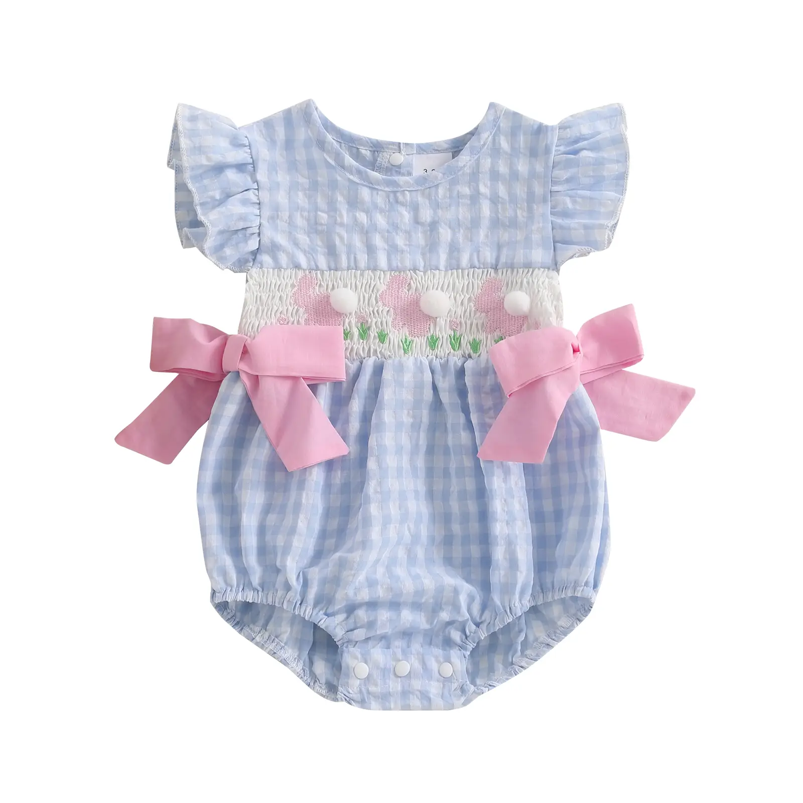 Baby Girl Smocked Easter Outfit Fly Sleeve Bunny Carrot Embroidery Plaid Bowknot Bubble Romper Bodysuit Infant Summer Clothes #Springtok