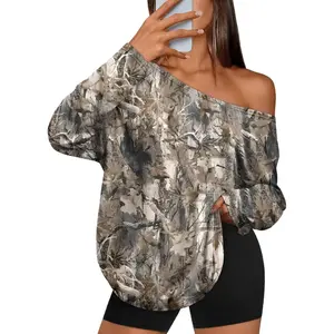 Womens Off The Shoulder Tops Oversized Tshirts Long Sleeve 2026 Casual Basic Tees with Camouflage Print Womenswear Blouse Floral  Fashion Elegance Everyday Style Fit