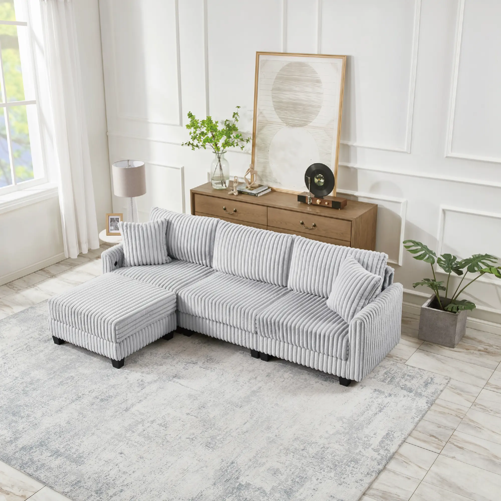 【Sub 2 packages】Niccae 100-inch corduroy fabric sofa with L-shaped modular 3-seat convertible sofa, built-in dual charging ports at the arms, and armrests can be freely placed anywhere