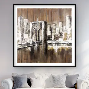 212 MAIN Aged Finish Brooklyn Bridge Framed Print Wall Art - 48x48 in Modern Artistic Photo, Vintage Decor, Graphic Prints for Living Room Home Supplies