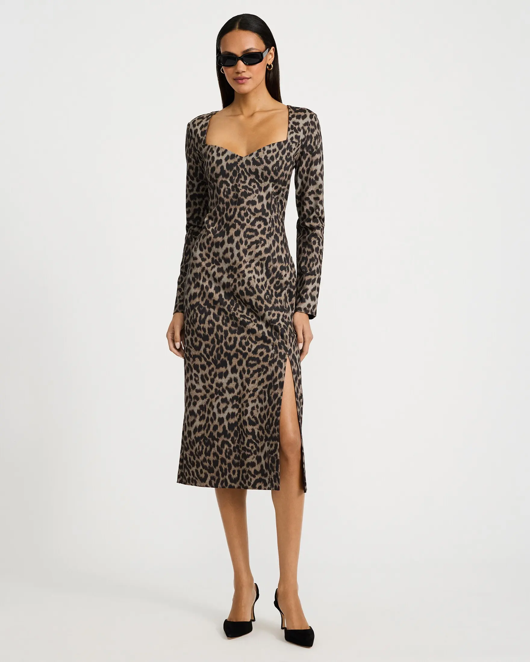 Express Leopard Sweetheart Long Sleeve Midi Dress in Signature Ponte