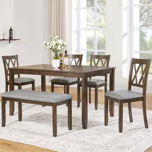 6 Piece Kitchen Dining Table Set, Rectangular Wooden Dining Table with 4 Upholstered Chairs and a Bench, Morden Dining Table Set for 6 People, Living Room, Home and Kitchen, Walnut