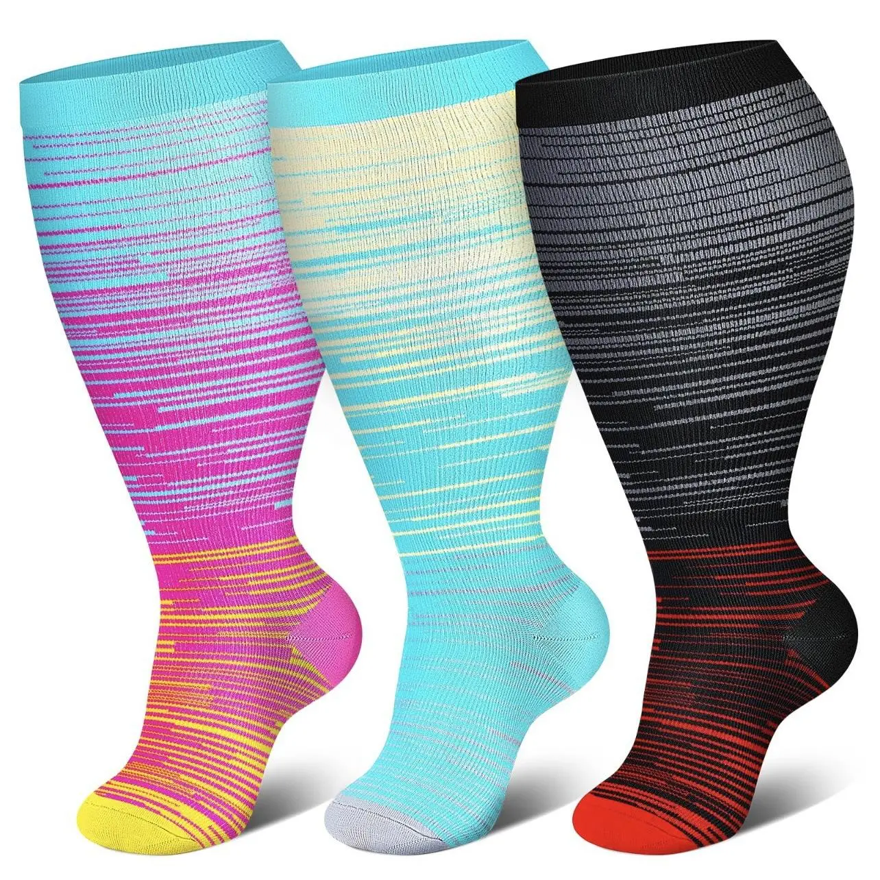 Women's Striped Plus Size Sports Fit Socks - Compressed Extra Large Over-the-Calf Wide Calf Socks for Gym Running Comfort, Compressed Over-The-Calf Socks