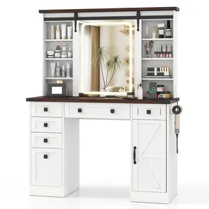 COSTWAY - Farmhouse Vanity Desk with Barn-Style Sliding Mirror and 3 Lighting Modes-White