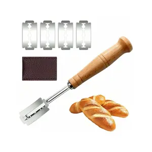 Wooden Handle Sourdough Bread Scoring Lame - Bread Slashing Tool with 5 Blades | Bakers' Dough Scoring Knife for Artisan Bread Making Baking Utensils Supplies