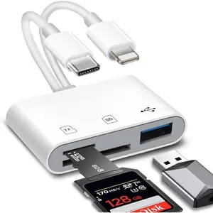 SD Card Reader for /iPad and Android, Memory Card Reader Built-in iOS & USB C Dual Port Connector, SD Card Adapter for Cameras, Support SD/ SD/USB-A 3 Slots, no app Required, Plug and Play