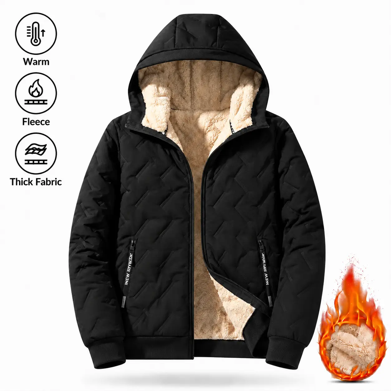 Men's Basic Fitted Retro Woven Thermal Lined Hooded Jacket - Long Sleeve Polyester Menswear Coat, Full-Zip, Zipper Pockets, Thanksgiving-Ready Top
