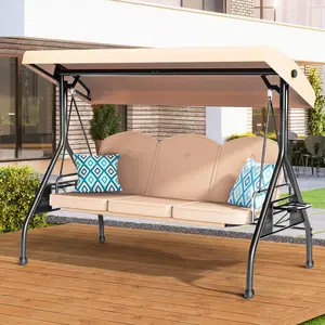 [Summervibes]3 Seat Outdoor Porch Patio Swing 800lbs 2-in-1 Patio Swing Chair Bed with Adjustable Canopy & Cup Holder Removable Cushion Outdoor Adult Swing with Stand for Yard Porch Garden Deck