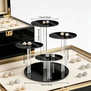 ADISEN Round Acrylic Products Display Riser Stands, 4 Tier Jewelry Display Stands for Rings Earrings,Mini Figurines, Black,1 Transparent Multi Round Acrylic Hand Model Display Rack -Riser Assembly Support -Table Top Booster -for Perfume Display tiktokshop