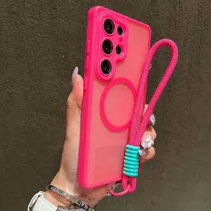 Transparent Magnetic Skin Feel Shockproof Phone Case Cover + Wrist Strap, Compatible with Samsung Galaxy S26 S25 Ultra/edge/s24 Series, Magsafe Charging