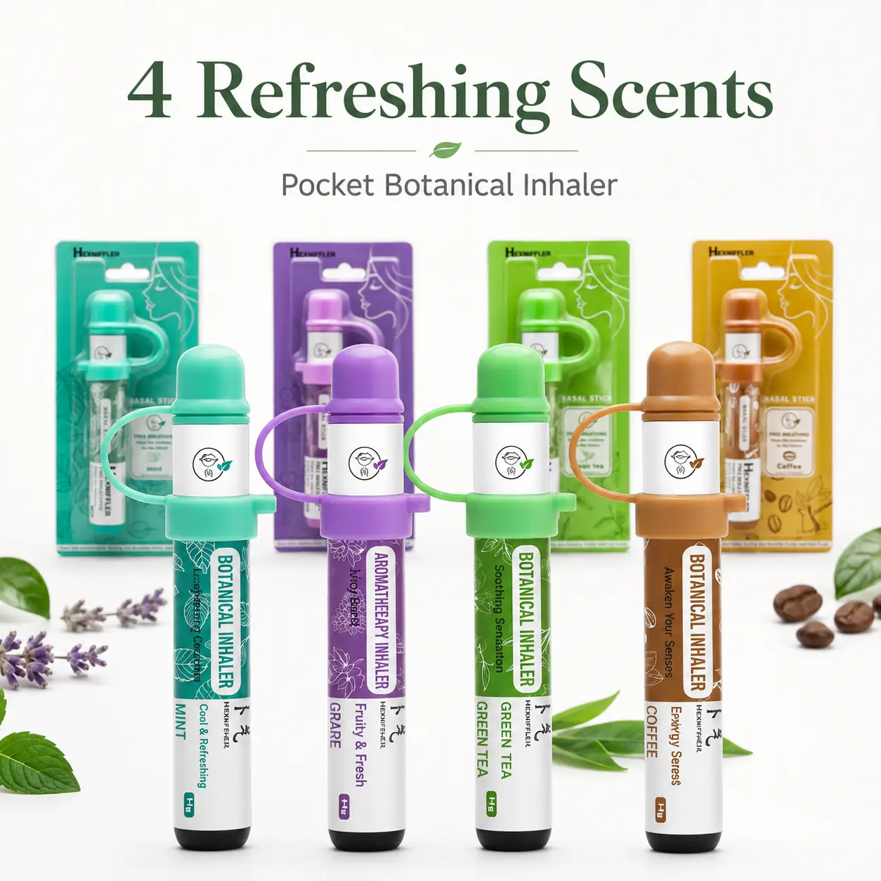 4-Count Natural Essential Oil Nasal Inhaler Sticks - Mint-Scented Pocket-Sized Aromatherapy Diffuser for Sinus Comfort, Quick Energy Lift, Plant-Based Herbal Breather Wellness Treatment Lavender relax