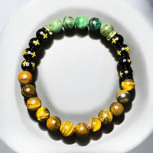 Green Emerald, Black Agate with Gold Dragons, Golden Tiger Eye 8mm Bead Stretchy Bracelet with Green CZ Spacers. Crystal Fashionable Jewelry