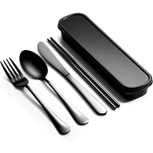 Travel Utensils with Case,  Portable Silverware Set for Work, Stainless Steel  Travel Cutlery Set, Fork and Spoon Set for Picnic, Camping, Gadgets, Lunch Box for Men, Black