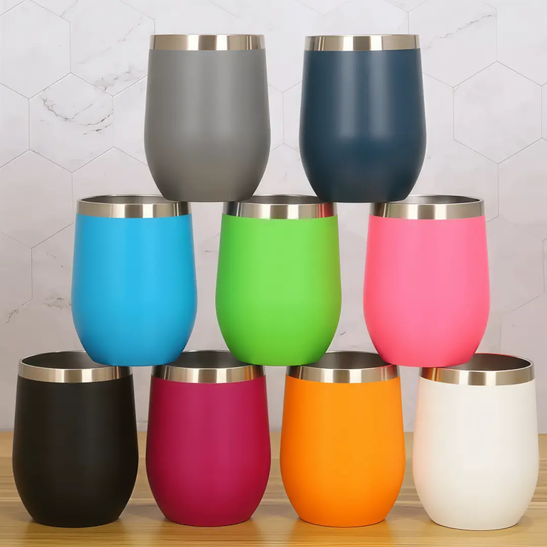 LMMAKE 3PCS 12oz Double Wall Vacuum Insulated Stainless Steel Stemless Wine Tumbler - BPA-Free, Portable, Reusable, Dishwasher Safe, Shatterproof, Eco-Friendly Kitchenware Flasks with Removable Straw-Friendly Lid for Cold & Hot Drinks, Casual Dinner Use