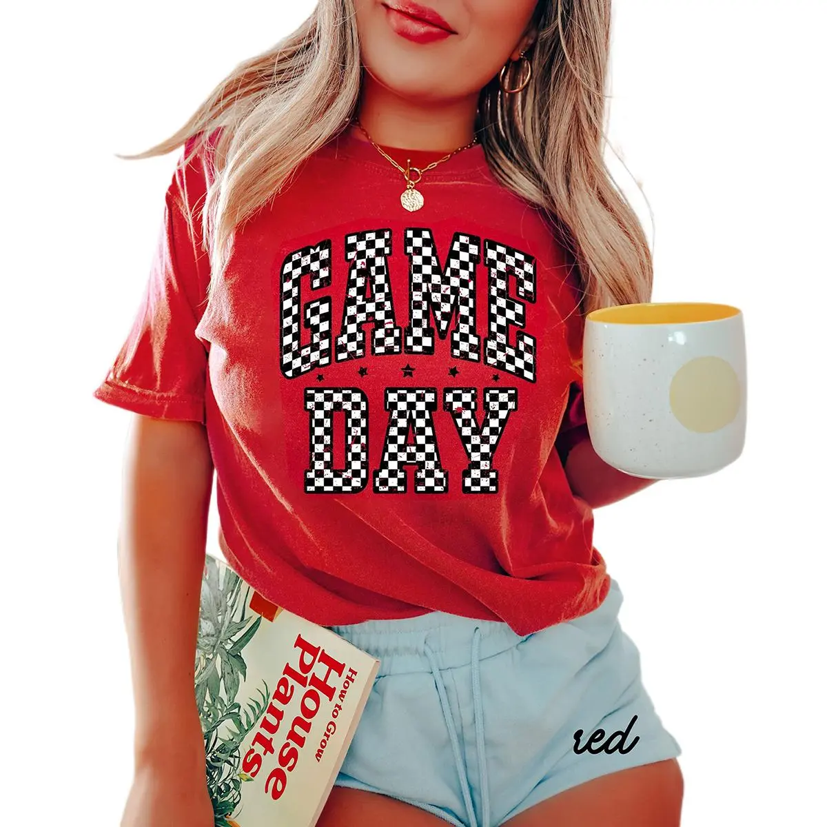 Znacicc Women's Game Day Graphic American Football Crewneck T Shirt  Short Sleeve Casual Top with Checkered Design Fit Everyday