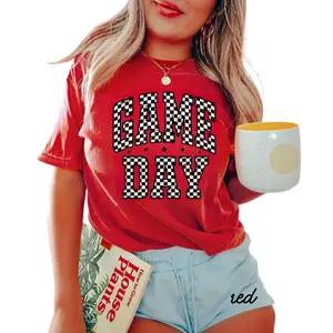 Znacicc Women's Game Day Graphic American Football Crewneck T Shirt  Short Sleeve Casual Top with Checkered Design
