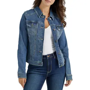 Women's Long Sleeve Fitted Stretch Denim Jacket 99% Cotton 1% Spandex Button Closure Scoop-Flap Pockets Casual Style All-Day Comfort Machine Washable Hanging Home Decor Wardrobe Essential - Ornaments Hanging