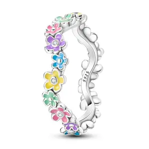 LAZA S925 Silver Plated Colorful Flower Ring with CZ and Enamel - Spring Daisy Ring, a perfect gift for girls and women on birthdays, anniversaries