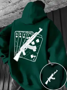 Men's Fall Winter Trendy Print Hoodie, Poker Card & Ak47 Gun Pattern, Slim-Fitting Casual Sweatshirt with Drawstring Pouch
