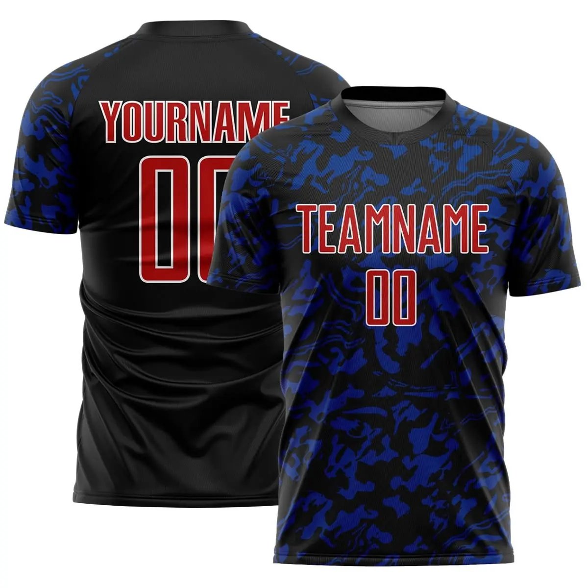 Custom Black Red Royal White Soccer Jersey, Liquid Fluid Pattern Sports Shirt, Personalized Sublimation Football Uniform, Athletic Team Apparel, Game Day Outfit