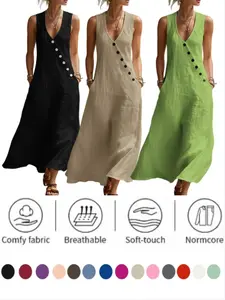 2026 Spring Summer Tiktok Cross-Border Lazy Style V-Neck Button Cotton Linen Long Dress, Sleeveless Backless Dress for Women