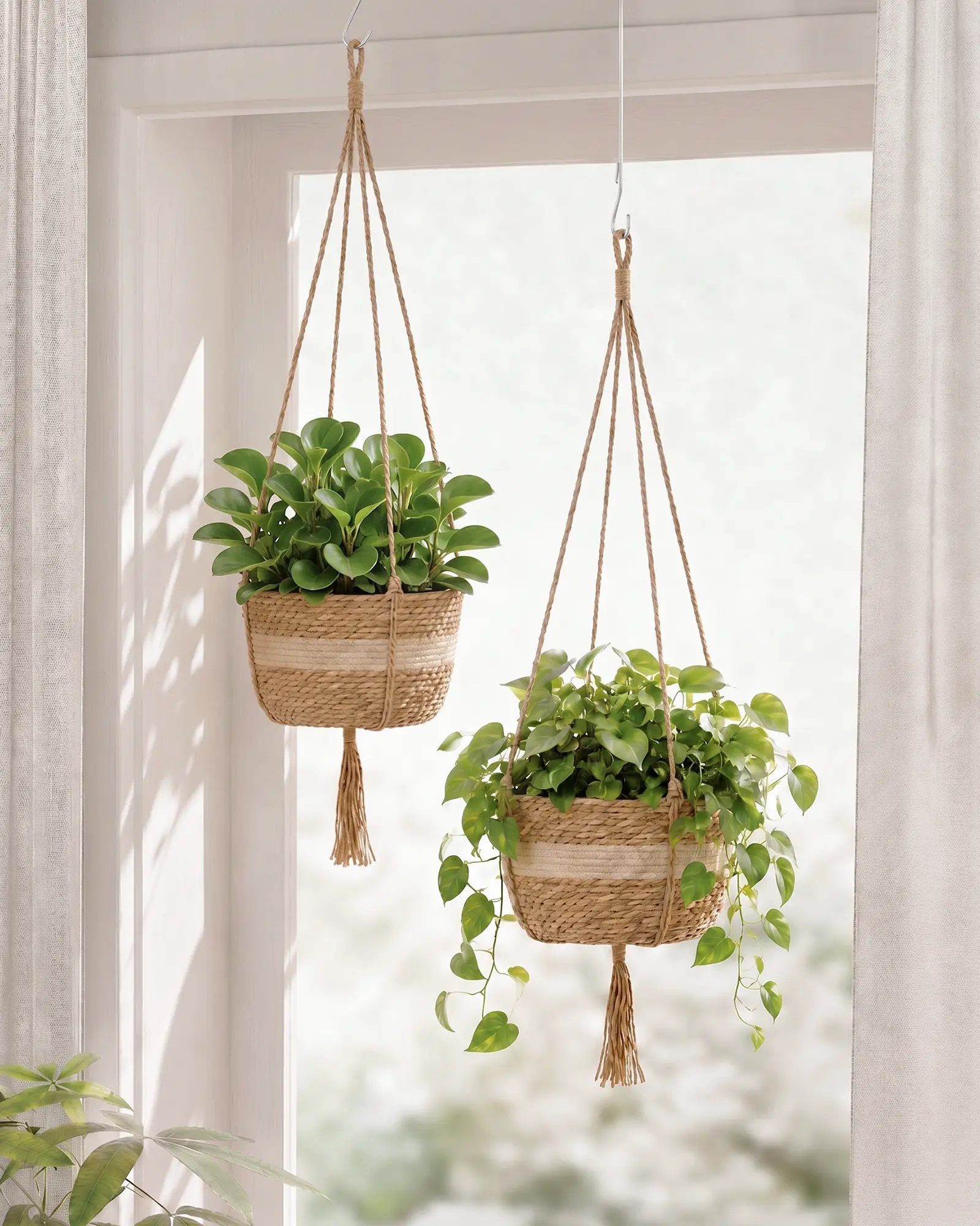 Bamworld 2-Pack Macramé Hanging Planters & Baskets, 10in Natural & White Handwoven Jute Rope Pieces with Built-In Liner & Tassel, Medium to Small Options for Indoor/Outdoor Use, Both Indoor/Outdoor
