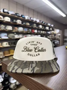 Blue Collar Dollar Hat Bottomland Camo | 7 Panel Trucker Snapback | Rugged Workwear Hunting Cap