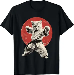 100% Cotton Cat Karate Judo Japan Japanese Flag Funny Graphic T-Shirt for Men Women Girls Kids