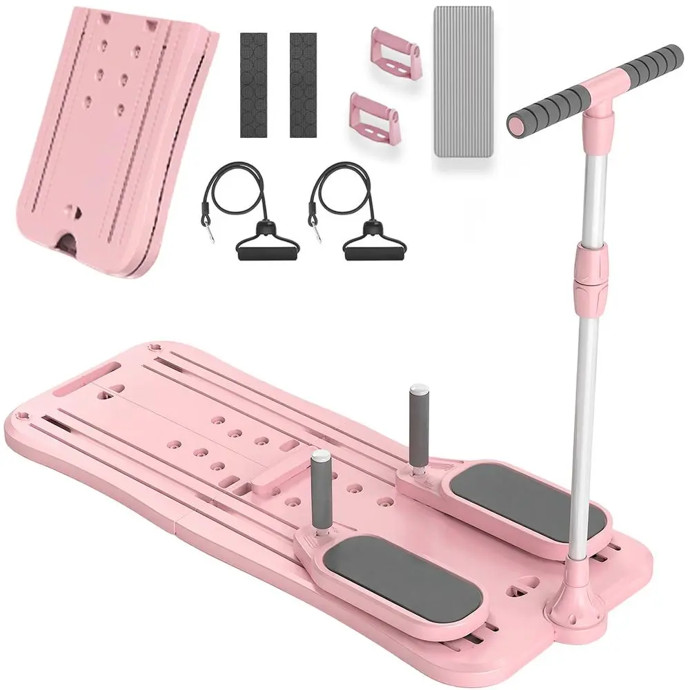 Collapsible Gliding Training Board Kit with Modifiable T-Handle & Stretch Bands, Portable Indoor Workout Equipment, Black Pink Two Tints