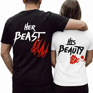 Her Beast His Beauty Couple Valentine Matching Graphic Tee Pure Cotton Casual T-Shirt Trendy Tops Perfect Gift for Couples