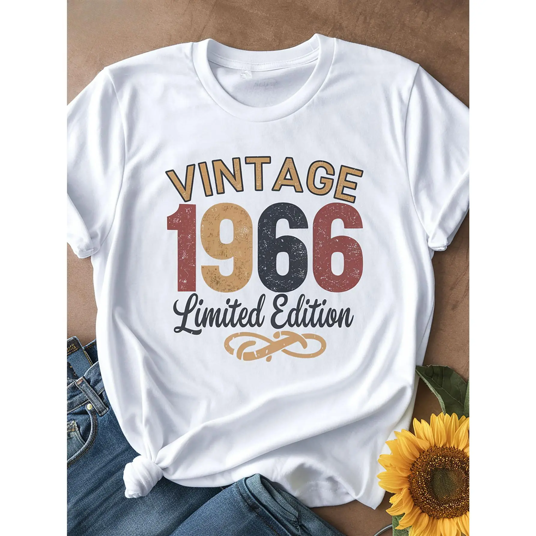 1pc Vintage 1966 Limited Edition Casual Cotton T-Shirt, Round Neck, Short Sleeve, Letter Print, Knitted Fabric, Regular Length - All Seasons Women'S Tee Sweatshirt Womenswear