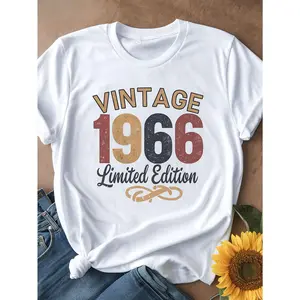 1pc Vintage 1966 Edition Casual Cotton T-Shirt, Round Neck, Short Sleeve, Letter Print, Knitted Fabric, Regular Length - All Seasons Women'S Tee