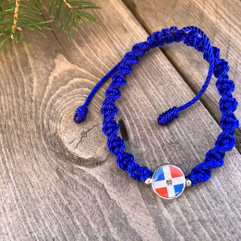 Dominican Flag Charm on Blue Spiral Bracelet with Coiled Cord