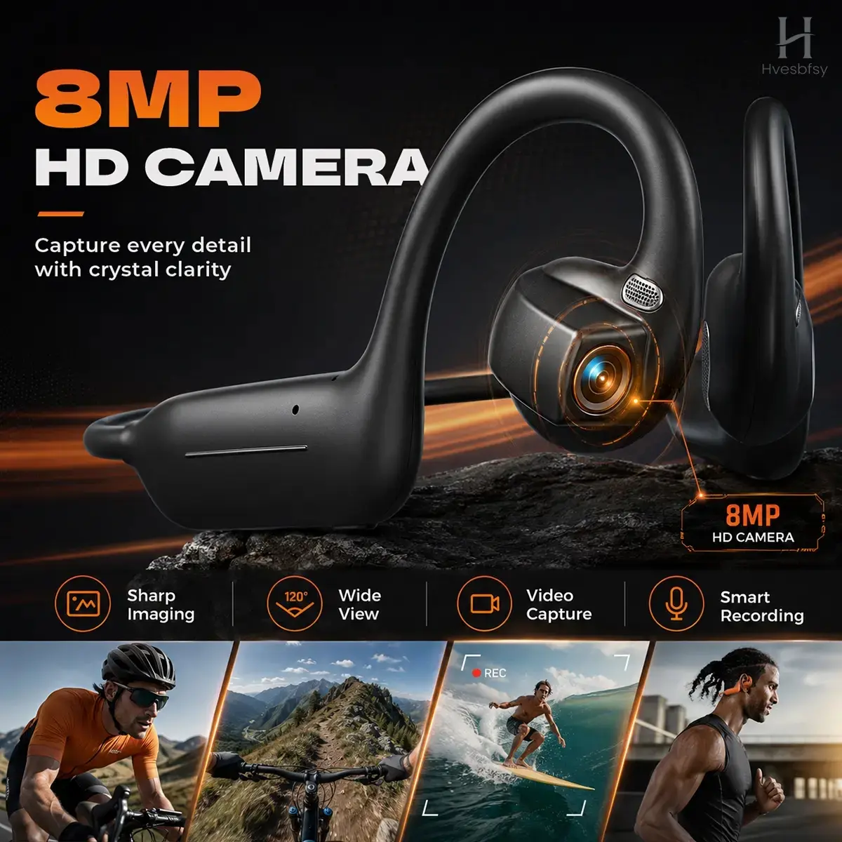 Hvesbfsy Bone Conduction Wireless Audio Headphones, 8MP EIS Stabilized Camera, 160+ Languages Instant Translation, Touch & Button Control, IP65 Waterproof Sport Headsets for Outdoor Cycling Vlog Recording, Outdoor Gadgets Guys Gifts, Device