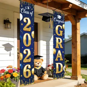 【graduation2026】2D plan 2026 graduation ceremony front porch logo party banner | Blue background, with ribbon, diploma and gypsum board design, polyester fiber, suitable for indoor and outdoor hanging decoration 180x30cm