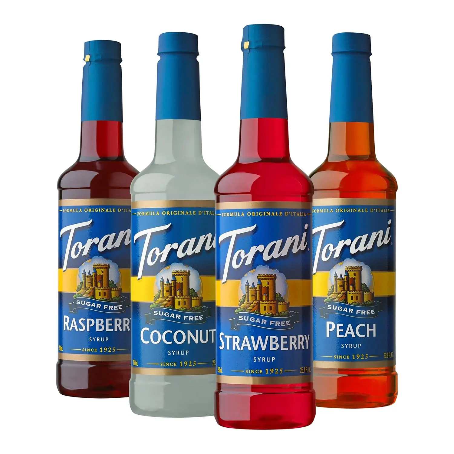 Torani Sugar Free Natural Flavored Beverage Syrup, Soda Flavors Variety Pack - Raspberry, Coconut, Strawberry, Peach - 25.4 fl oz (Set of 4)