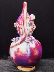[Fathers Day Gift]Handmade Traditional Chinese Jun Porcelain Gourd Vase with Bat Relief, Vintage Red-Purple Kiln-Fired Glaze Ceramic Vase, Lucky Asian Art Home Decor Collectible,Gift for Dad