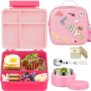 Kids Bento Lunch Box with 9oz Soup Thermo Leakproof 4 Compartment Lunch Containers Insulated Lunch Bag for Girls Boys to School Travel