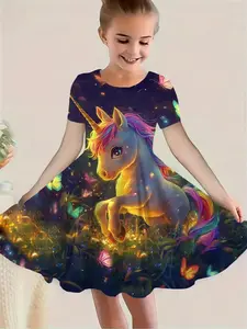 Girls' Unicorn Cartoon Dress, Short Sleeve Summer Casual Round Neck, 3D Print Patchwork Details, Slight Stretch Princess Dress