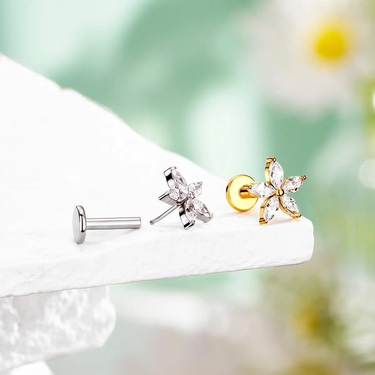 OUFER Women's 16G Threadless Stainless Flower Leaf Flat Back Cartilage Stud Earrings - Ashley Style, Rhinestone Accents Glass Costume Jewelry, 1 Sold as an Order, Ideal for Driving/OOTD, Casual Daily Wear