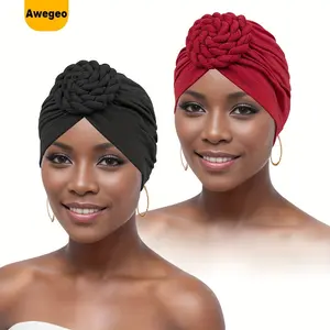2 Women'S Pre-Tied Turban Twisted Beanies Travel Solid Color Headscarves