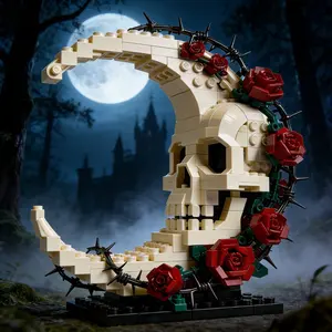 Gothic Crescent Moon Skull Building Blocks Set Rose Flower Brick Model DIY Assembly Toy Fantasy Night Desk Display Decor Collectible Gift for Teens Adults Kids Boys Girls Birthday Holiday Room Decor Creative Building Kit