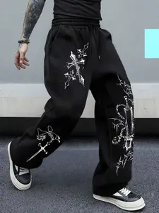 Unisex Gothic Style Sweatpants, Chain Cross Print Design, Cool Alternative Streetwear, Daily Wear, Music Festival, Punk Street Style