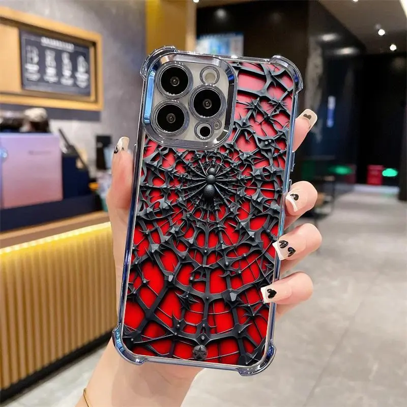 Black and red three-dimensional spider texture pattern protective shell Suitable for iPhone 17/16/15/14/13/12/11 Pro Max Plus electroplated anti drop soft case phone case 064 Protector Screen Protector Protection Casing Cover Shockproof Cellphone
