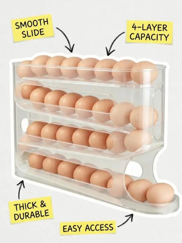 Transparent Plastic Auto-Slide Egg Organizer, 4-Layer Rolling Egg Dispenser Rack with Minimalist Design & Polished Slide Edges, Refrigerator & Countertop Dual-Use Home Organizer for Organized Storage Solutions