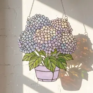 Hydrangea Flower Pot Stained Acrylic Suncatcher, Floral Window Hanging Decor, Spring Garden Ornament, Mother Gift, Botanical Home Accent