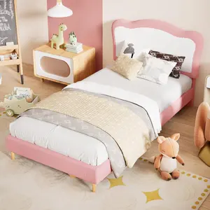 Upholstered Platform, Soft Fabric, Wooden Slats, Scalloped Headboard Design Kids Bed Frame -Sturdy, No Box Seasonal Needed, Twin Size Sherpa, Low to Ground, Noise-Free