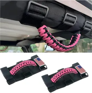 HZEL 2PCS Roll Bar Grab Handles, Oxford Cloth Upgrade Metal Buckle Paracord Grip Handles, Durable and Strong Car Accessories, Compatible with Wrangler JL, JLU, JT, JK, JKU, TJ, LJ and YJ (Pink)