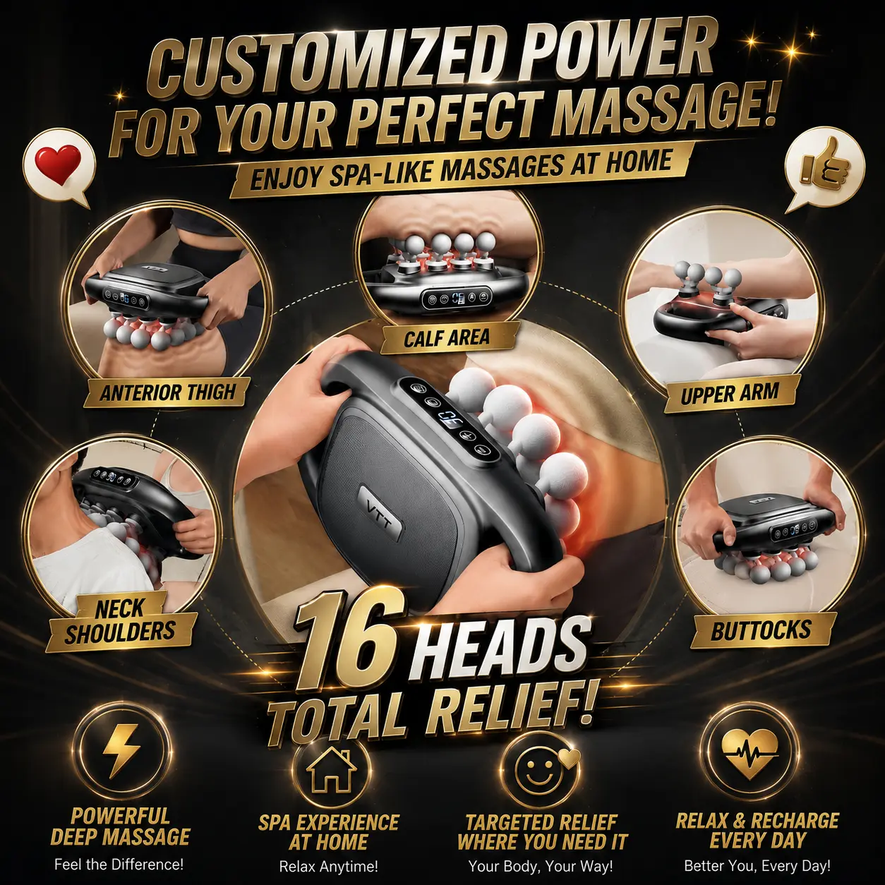 VTT 16-head deep-tissue fascia gun features 50 kg of impact force, 30 intensity levels, and 3 modes; it is an impact-style muscle massager suitable for full-body recovery and relaxation of the back, shoulders, legs, and feet.